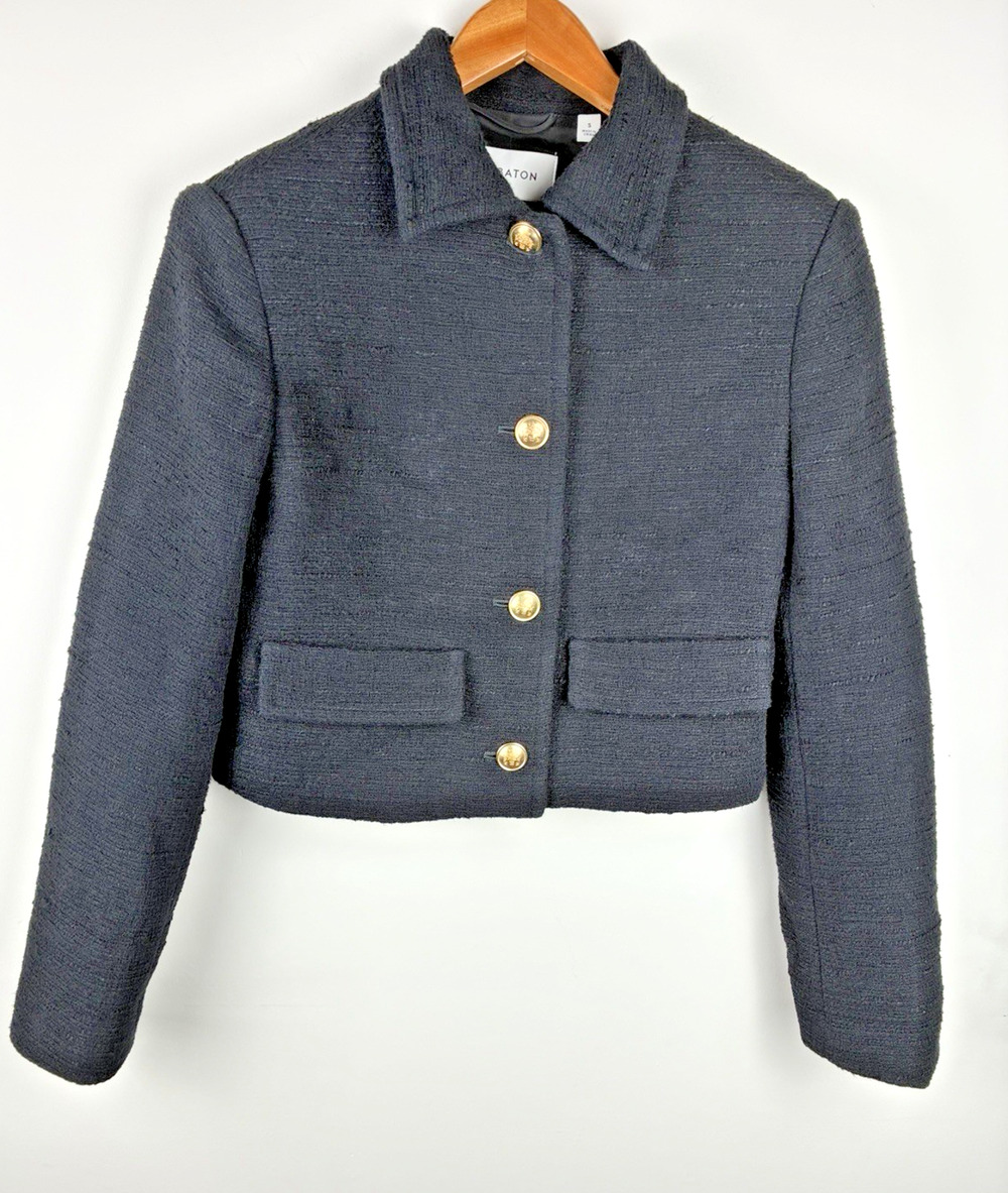 Aritzia Babaton Frances Cropped Tweed Jacket Black Gold Buttons Size S Preppy